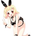  all_fours amano_yuu animal_ears bikini blonde_hair blush breasts bunny_ears carrot cleavage food_themed_clothes hair_ornament hairclip large_breasts open_mouth original red_eyes short_hair smile solo swimsuit tail v 