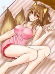  animal_ears barefoot bed black_panties blush breasts brown_hair fox_(trickster) fox_ears fox_tail glasses large_breasts lingerie lying nightgown orange_eyes panties pantyshot pantyshot_(lying) solo tail trickster tsuukounin_(pixiv_39749) underwear upskirt 