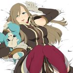  brown_hair detached_sleeves face gloves hug long_hair lying mieu mineji tales_of_(series) tales_of_the_abyss tear_grants thighhighs 