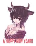  2009 animal_ears bare_shoulders black_eyes black_hair breasts copyright_request cow_ears english horns japanese_clothes kiran medium_breasts new_year short_hair simple_background smile solo 
