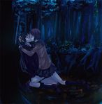  dark forest ga-rei ga-rei_zero hug isayama_yomi kiss mochako_(motyako) multiple_girls nature school_uniform tsuchimiya_kagura yuri 