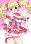  blonde_hair blush bow breasts choker cleavage cure_peach dress earrings fresh_precure! garters hair_ornament heart heart_hair_ornament hirose_(mokiki) jewelry large_breasts long_hair magical_girl momozono_love panties pantyshot pink_bow pink_choker precure ribbon_choker solo twintails underwear 