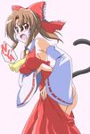  ass bare_shoulders blush bow breast_hold breasts brown_eyes brown_hair cosplay detached_sleeves hair_bow hakurei_reimu hakurei_reimu_(cosplay) hayate_no_gotoku! looking_back maria_(hayate_no_gotoku!) no_panties open_mouth segawa_haruna solo tail touhou undressing 