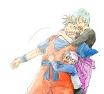  &gt;:( 2boys ;d amputee azuma_(shinra) black_hair blue_eyes bulma dougi dragon_ball dragon_ball_z earrings eyebrows_visible_through_hair hug hug_from_behind jewelry mother_and_son multiple_boys nervous nervous_smile one_eye_closed open_mouth outstretched_arm purple_hair scar short_hair simple_background smile son_gohan standing sweatdrop trunks_(dragon_ball) upper_body white_background wristband 