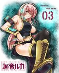  armlet armpits bilingual black_legwear blue_eyes blush boots breasts character_name crossed_legs headphones knee_boots large_breasts long_hair megurine_luka microphone midriff navel pink_hair shimozuki_hokouei sideboob sitting smile solo tattoo thighhighs vocaloid 