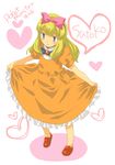  blonde_hair blue_eyes crossdressing dress heart male_focus menoko orange_dress otoko_no_ko pokemon pokemon_(anime) pokemon_(classic_anime) satoko_(pokemon) satoshi_(pokemon) simple_background solo white_background 