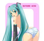  :o aqua_eyes aqua_hair ass bent_over blush detached_sleeves from_behind hatsune_miku headset kaiware-san lace lace-trimmed_panties long_hair looking_back open_mouth panties solo striped striped_panties topless twintails underwear very_long_hair vocaloid 