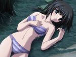  black_hair blue_eyes blush bow bow_panties bra game_cg grass lingerie long_hair looking_away lying natsuiro_komachi navel on_back outdoors panties solo striped striped_bra striped_panties underwear underwear_only yuuki_makoto_(radiant) 