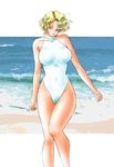  beach blonde_hair breasts large_breasts maria_tachibana one-piece one-piece_swimsuit sakura_taisen short_hair swimsuit white_swimsuit 