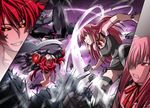  amaha_masane battle black_sclera crossover duel elfen_lied epic grin ground_shatter horns lucy multiple_girls pink_hair red_eyes red_hair smile steed_(steed_enterprise) vectors witchblade 