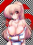  1girl areola_slip areolae bangs bare_shoulders breasts bridal_gauntlets brown_hair bust checkered checkered_background choker cleavage crossed_arms dead_or_alive erect_nipples female high_ponytail highleg highres hips japanese_clothes kasumi kasumi_(doa) large_breasts long_hair looking_at_viewer naughty_face ninja no_bra off_shoulder open_clothes open_shirt ponytail red_eyes shiny shiny_clothes shiny_hair shiny_skin shirt smile solo standing tatibana tecmo upper_body very_long_hair wide_hips wristband 