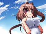 antenna_hair blush breast_suppress breasts brown_hair cloud covered_nipples day khmix large_breasts long_hair one-piece_swimsuit original outdoors red_eyes school_swimsuit sky smile solo swimsuit white_school_swimsuit white_swimsuit 