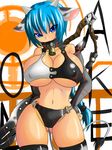  animal_print blue_hair breasts choker cow_girl cow_print cow_tail highres huge_breasts navel numadaira ponytail solo tail thighhighs 