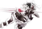  ass back copyright_request dark_skin horns long_hair looking_back pointy_ears red_eyes solo sword tanupo weapon white_hair 