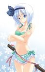  bad_id bad_pixiv_id bikini black_hairband blue_eyes blush crossed_arms flower frilled_bikini frills hairband highres konpaku_youmu pico_(picollector79) ribbon short_hair solo sweatdrop swimsuit sword touhou weapon white_hair 