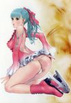  anus_peek ass blue_hair bow breasts copyright_request covered_nipples dress earrings g-string hair_bow highres ice_skates jewelry legs medium_breasts panties ponytail pout ribbon short_dress skates solo thong underwear yasuda_akira 