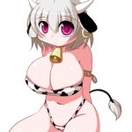  animal_ears animal_print bell breasts cleavage copyright_request cow_bell cow_ears cow_girl cow_print cow_tail earrings grey_hair horns huge_breasts jewelry khmix purple_eyes simple_background smile solo tail 
