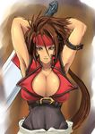  armpits arms_behind_head arms_up breasts brown_eyes brown_hair cleavage genderswap genderswap_(mtf) guilty_gear headband homura_(haku89) huge_breasts long_hair ponytail sol_badgal sol_badguy solo strap sword weapon 