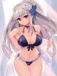  1girl azur_lane bangs bare_shoulders bikini black_bikini black_bow black_choker black_ribbon bow breasts butterfly_hair_ornament chingisu choker cleavage collarbone cowboy_shot dunkerque_(azur_lane) eyebrows_visible_through_hair front-tie_bikini front-tie_top hair_between_eyes hair_ornament hairband large_breasts long_hair navel red_eyes ribbon see-through side-tie_bikini silver_hair solo stomach swimsuit thigh_gap thighs white_hairband 