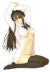  arms_up black_hair black_legwear bottomless bow breasts copyright_request dress_shirt highres large_breasts legs long_hair long_legs naked_shirt navel no_bra no_panties open_clothes open_shirt shirt sitting smile solo tanaka_takayuki thighhighs thighs 