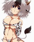 animal_print bad_id bad_pixiv_id bikini blue_eyes breast_squeeze breasts cleavage copyright_request cow_girl cow_print gloves horns large_breasts narura side-tie_bikini solo swimsuit tears white_hair 