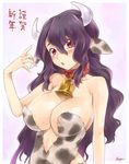  animal_ears animal_print bad_id bad_pixiv_id bell bell_collar breasts cleavage collar cow_ears cow_girl cow_print highres horns kayou_(kayou-bi) large_breasts long_hair original purple_hair red_eyes solo 