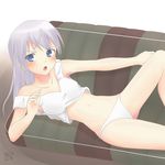  blue_eyes blush couch eila_ilmatar_juutilainen hanyu lingerie lying navel off_shoulder on_back open_mouth panties purple_hair signature solo strike_witches underwear world_witches_series 