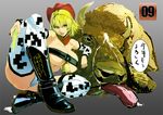  2009 bell beltbra bison blonde_hair boots breasts bull cowboy_hat green_eyes hat huge_breasts kotoyoro kuruma_hajime new_year original short_hair solo thighhighs tongue western 