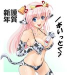 akeome animal_ears animal_print bell between_breasts bikini blue_eyes breasts cleavage cow_ears cow_girl cow_print cow_tail drink happy_new_year horns large_breasts long_hair milk new_year open_mouth original pink_hair shimozuki_hokouei sideboob smile solo string_bikini swimsuit tail thighhighs translated 