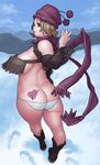  ass bad_id bad_pixiv_id beanie boots breasts copyright_request covered_nipples detached_sleeves hat highres huge_breasts looking_back mole mole_under_eye panties sakai_toshihiro scarf snow solo tattoo underwear 