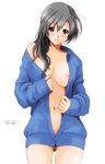  black_hair bottomless breasts copyright_request long_hair medium_breasts naked_sweater nipple_slip nipples open_clothes open_shirt purple_eyes ryouzou shirt simple_background smile solo sweater 
