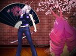  antenna_hair bare_shoulders belt blue_eyes cherry_blossoms denim dragon drill_hair dual_wielding fan hair_over_one_eye highres holding isuzu_emi jeans long_hair midriff multiple_girls natsume_maya navel pants petals pink_hair purple_hair sleeveless sleeveless_turtleneck smile sword tenjou_tenge tree turtleneck weapon 