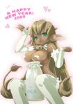  2009 animal_ears bell bell_collar breasts collar cow_bell cow_ears cow_girl dark_skin elbow_gloves fang gloves green_eyes large_breasts milk new_year original pasties solo soutatsu tail thighhighs 