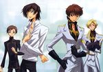  absurdres black_hair brown_hair closed_mouth code_geass collarbone gino_weinberg hashimoto_tomonori highres kururugi_suzaku lelouch_lamperouge looking_at_viewer multiple_boys official_art rolo_lamperouge slender smirk standing uniform 