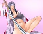  areolae bottomless breast_slip breasts copyright_request covered_nipples headband katana large_breasts long_hair navel no_name_ninja one_eye_closed open_clothes puffy_nipples solo sword tongue wardrobe_malfunction weapon 