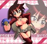  breasts brown_eyes brown_hair demon_girl disgaea glasses gunslinger_(disgaea) hat huge_breasts makai_senki_disgaea_3 pointy_ears prinny short_hair 