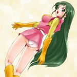  ass boots choudenji_robo_combattler_v dutch_angle elbow_gloves from_behind from_below gloves green_eyes green_hair happy haruyama_kazunori long_hair looking_back lowres nanbara_chizuru non-web_source panties pantyshot pilot_suit solo underwear upskirt very_long_hair white_panties 