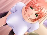  1girl bent_over blush breasts erect_nipples game_cg green_eyes hanging_breasts hiiragi_mia large_breasts open_mouth orange_hair sano_toshihide short_hair solo tsuma_to_mama_to_boin 