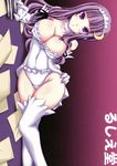  breasts cleavage crescent crescent_hair_ornament elbow_gloves gloves hair_ornament highres jema large_breasts patchouli_knowledge purple_eyes purple_hair solo thighhighs touhou 