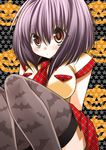  animal_print bat bat_print blush breasts halloween jack-o'-lantern kagesaki_yuna karin large_breasts maaka_karin necktie non-web_source print_legwear pumpkin purple_hair red_eyes short_hair solo star starry_background thighhighs unmoving_pattern 