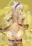  akishima_kei all_fours ass bad_id bad_pixiv_id elbow_gloves gloves hairband horn kirin_(armor) long_hair looking_back monster_hunter solo sword thighhighs weapon white_hair yellow_eyes 