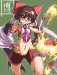  adapted_costume alternate_hairstyle angry ascot bandages bow brown_hair crop_top detached_sleeves fingerless_gloves fire gloves groin hair_bow hakurei_reimu kage_houshi long_hair muscle navel ofuda purple_eyes shorts solo touhou twintails very_long_hair yin_yang 