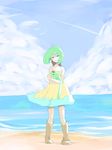  beach boots closed_eyes cloud day dress green_hair highres macross macross_frontier ocean outdoors ranka_lee short_hair sky smile solo tansuke wind 