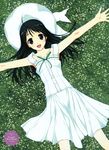  :d absurdres black_eyes black_hair copyright_request dress grass hat highres huge_filesize lying murakami_suigun open_mouth outstretched_arms smile solo spread_arms sundress 