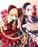  aoi_kumiko back-to-back black_wings blonde_hair blue_eyes bow cup dress flower grey_hair hat lolita_fashion long_hair long_sleeves multiple_girls one_eye_closed purple_eyes red_flower red_rose ribbon rose rozen_maiden shinku suigintou teacup very_long_hair wings 