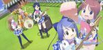  album_cover amamiya_manami amplifier antenna_hair bass_guitar blue_eyes blue_hair bow brown_eyes brown_hair cover drum drum_set electric_guitar etou_mei gakuen_utopia_manabi_straight! grass guitar hair_bow hair_ornament highres inamori_mika instrument long_hair microphone multiple_girls odori_momoha outdoors plaid plaid_skirt red_hair school_uniform shamisen short_hair skirt thighhighs uehara_mutsuki zettai_ryouiki 