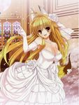  absurdres animal_ears blonde_hair blush breasts cleavage dress elbow_gloves fox gloves highres jewelry kanokon koin_(foxmark) large_breasts long_hair minamoto_chizuru necklace open_mouth smile solo tail wedding_dress 