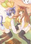  animal_ears bed black_legwear blue_eyes blue_hair brown_eyes brown_hair cat_ears cat_tail highres long_hair multiple_girls original panties poyamu ribbon short_hair tail thighhighs underwear 