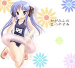 bare_shoulders black_school_swimsuit blue_eyes blush breasts cleavage collarbone embarrassed flower groin hair_ribbon hiiragi_kagami innertube knees_touching long_hair lucky_star namamo_nanase name_tag one-piece_swimsuit purple_hair ribbon sandals school_swimsuit small_breasts solo sweat swimsuit translated tsurime twintails 