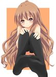  aisaka_taiga bad_id bad_pixiv_id black_legwear blush brown_hair feet long_hair naughty_face solo thighhighs toradora! yuurakudou_kurono 